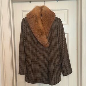 Brooks Brothers Houndstooth Pea Coat Jacket with Fur Collar Foxhunting